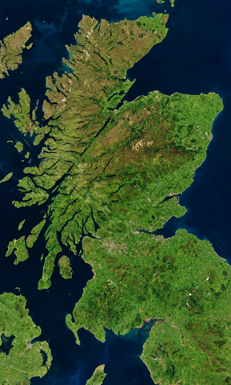 Scotland satellite view, AI-retouched from NASA imagery